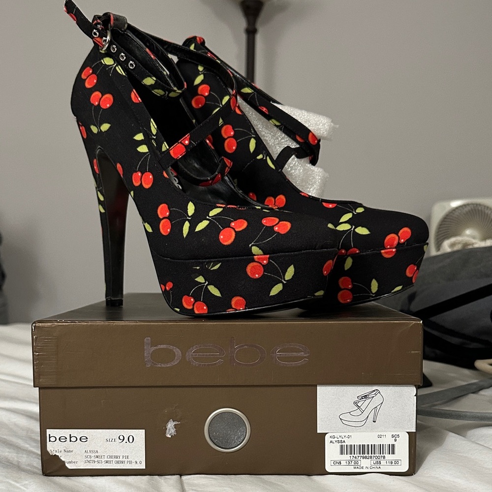 Bebe Black Heels with Cherry Print